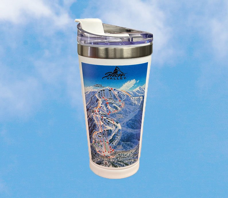 Stainless steel tumbler with Snow Valley winter trail map wrap.