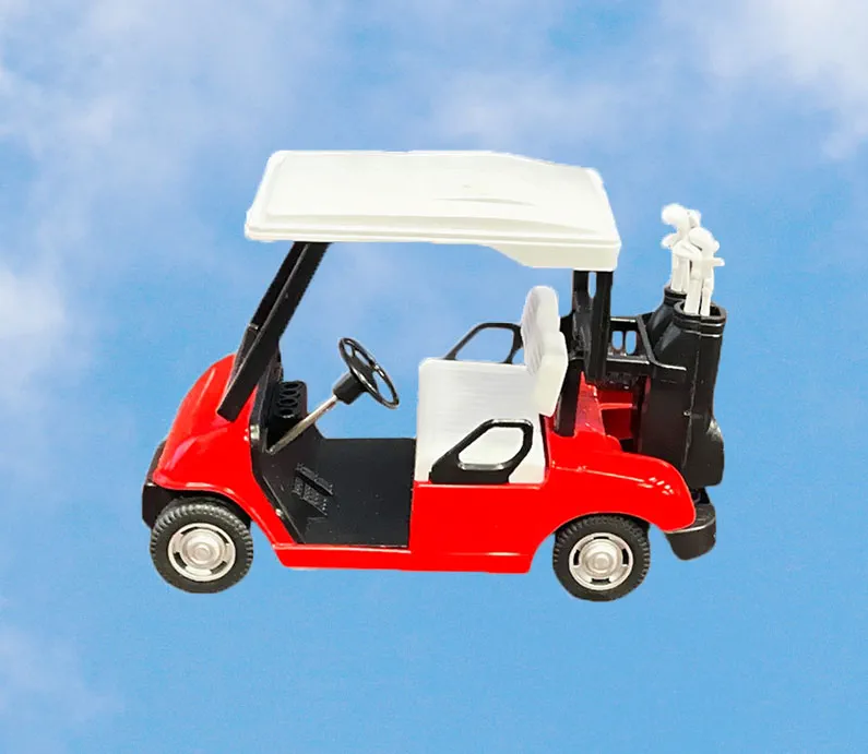 A pull back rolling golf cart toy with a red body, white top, and black replica golf bags on the back on the cart.