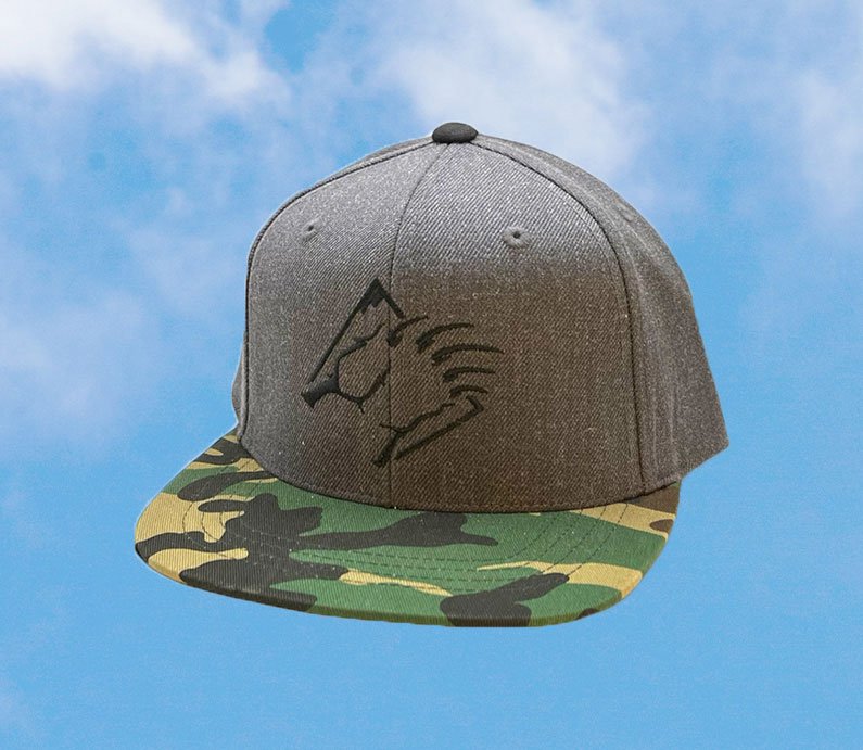 Adjustable gray snapback with embroidered black bear claw logo on front and camo bill design..