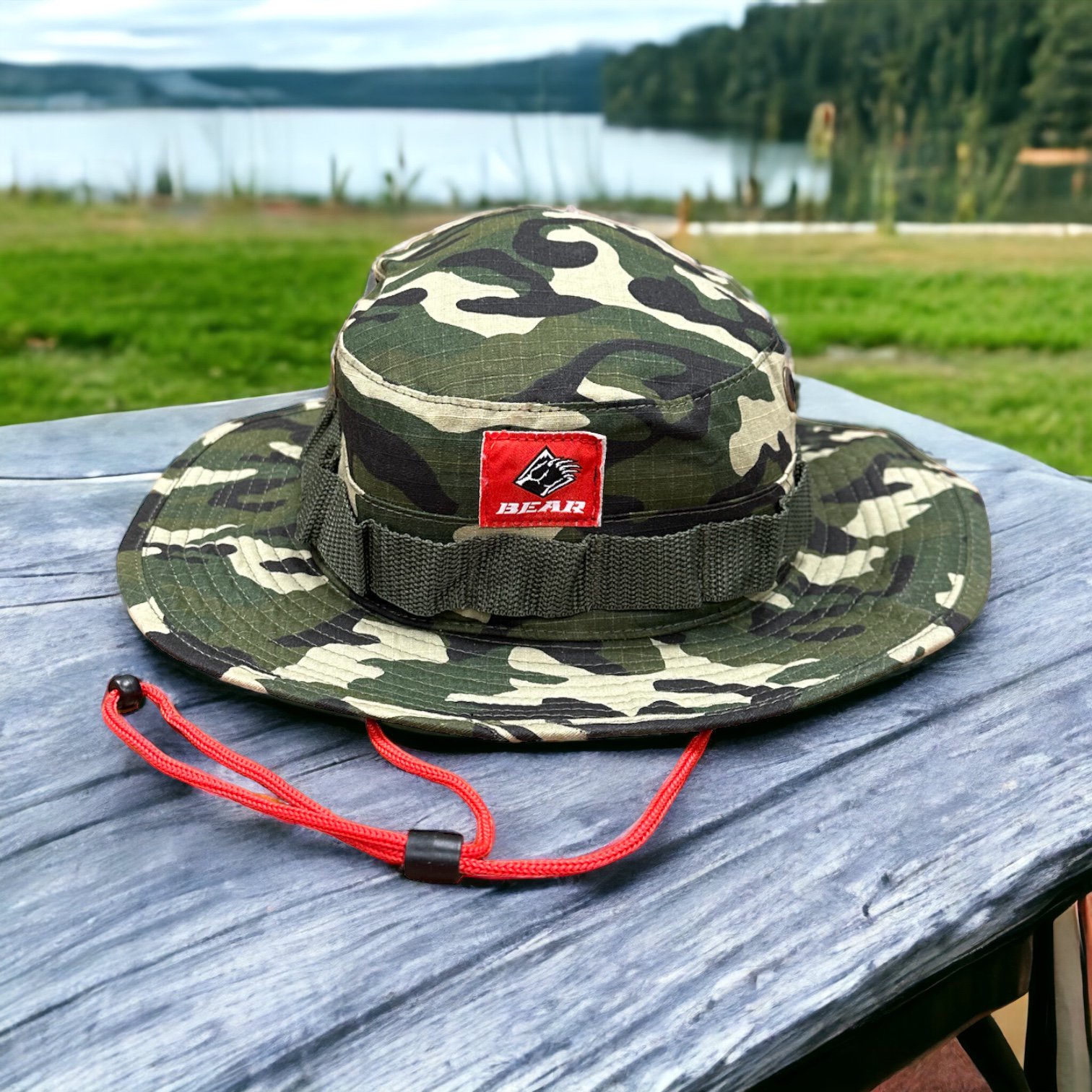 Bear Mountain Boonie Hat in camo with red drawstrin