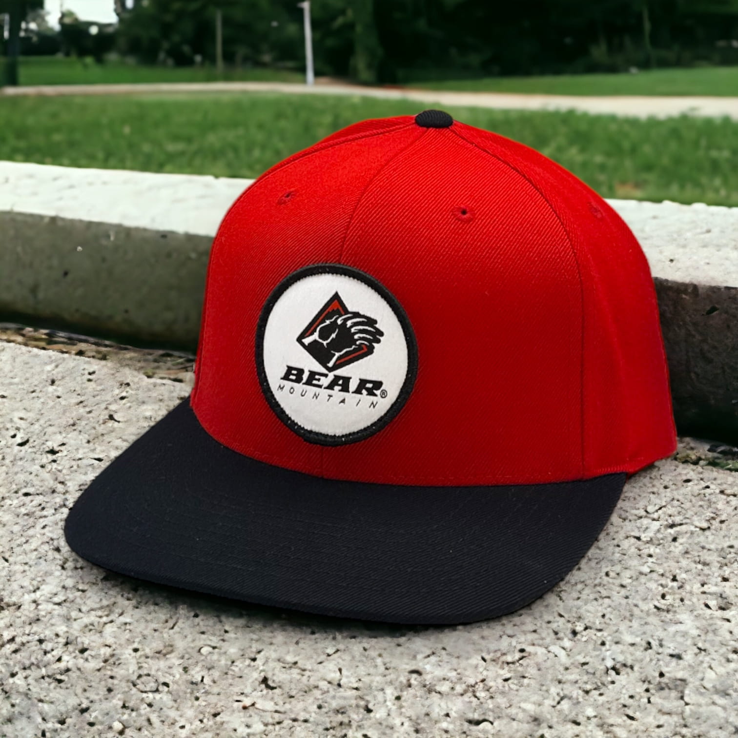 Red Cap, Black Bill w/ core Bear Mountain Logo Embroidered patch