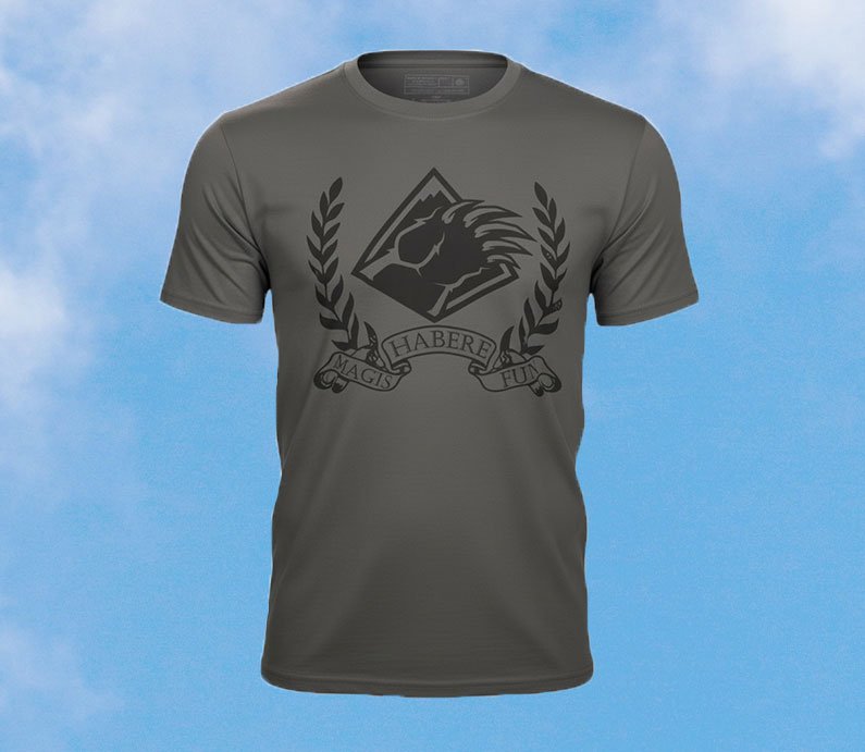 Gray t-shirt with black Bear Mountain claw logo graphic design and the words 'Magis Habere Fun'.