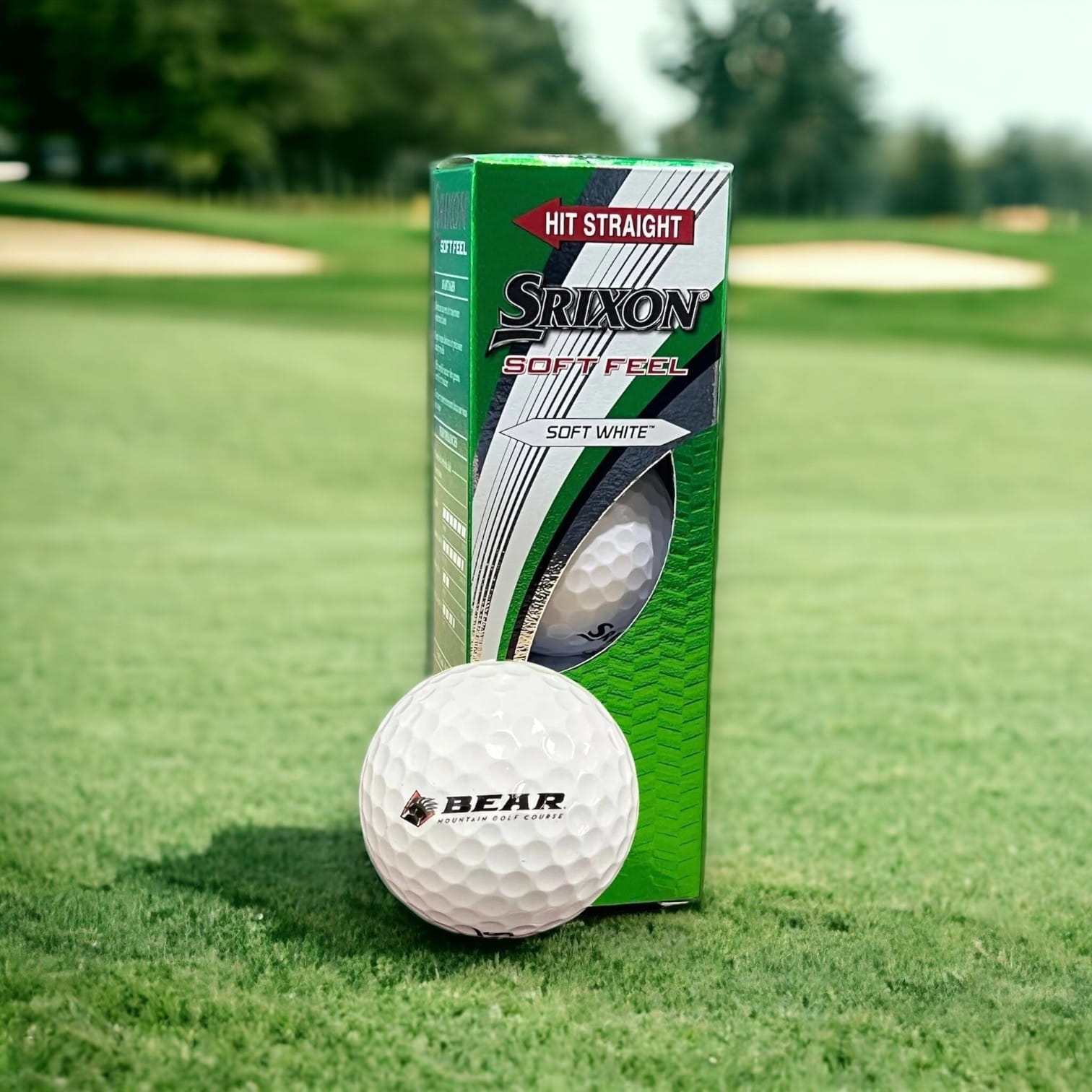 A sleeve of three Srixon golf balls with Bear Mountain Golf Course logo