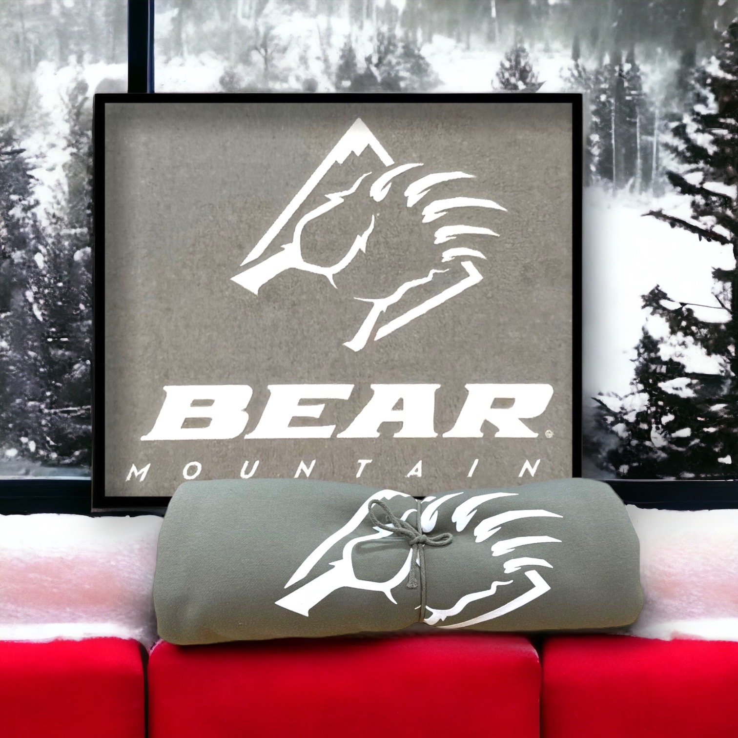 Grey Bear Mountain sweatshirt blanket with bear claw logo in white