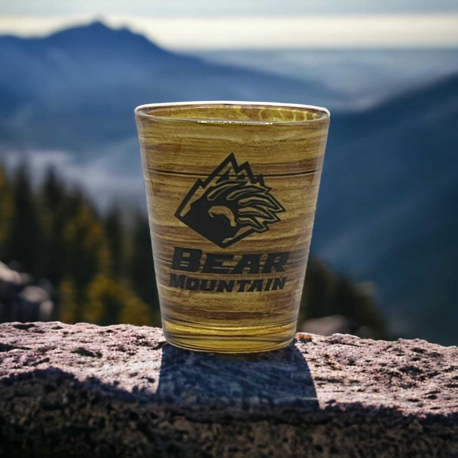 Glass Shot Glass with Faux Wood Embossed printed Bear Mountain decal logo