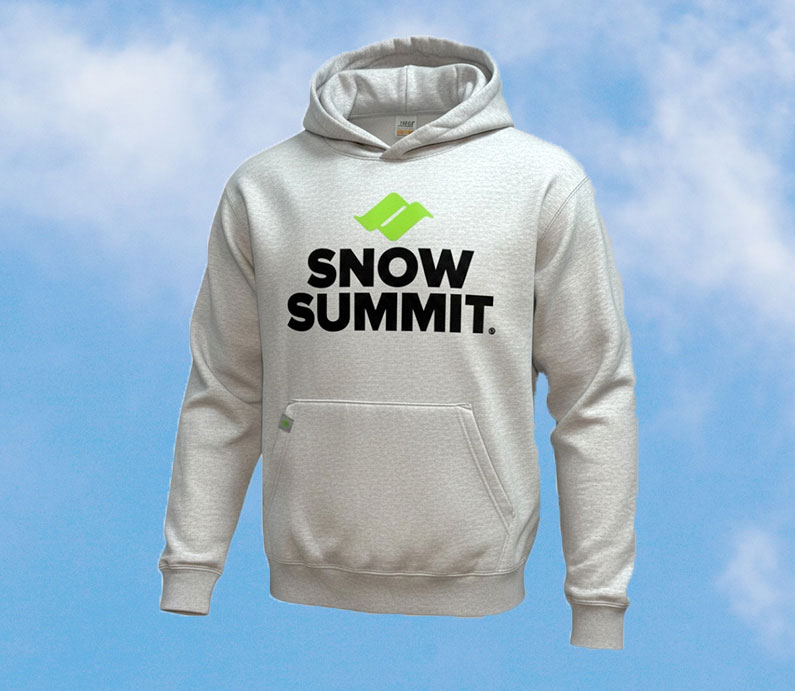 Grey hoodie sweatshirt with green snow summit logo and black Snow Summit font below