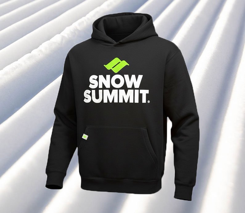 Black hoodie sweatshirt with green snow summit logo and white snow summit font beneath