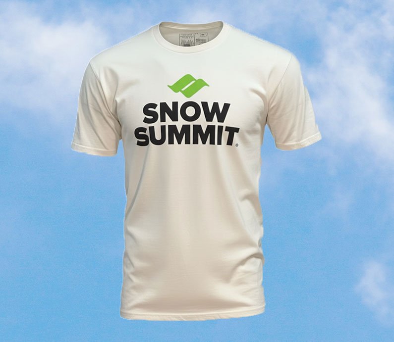 White tshirt with green snow summit logo and black Snow Summit font below.