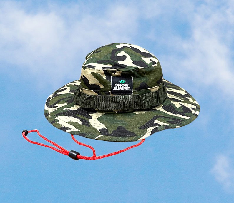 Snow Summit Boonie Hat in camo with red drawstring.