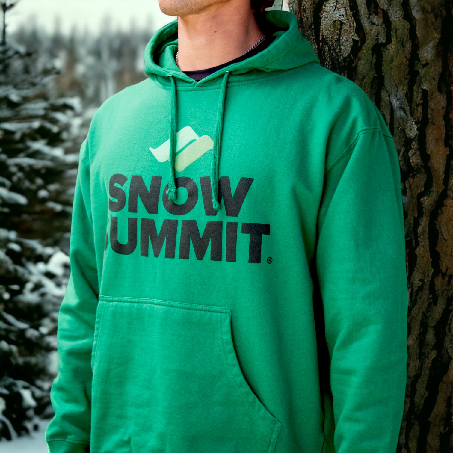 Green Snow Summit hoodie with black snow summit logo on front.