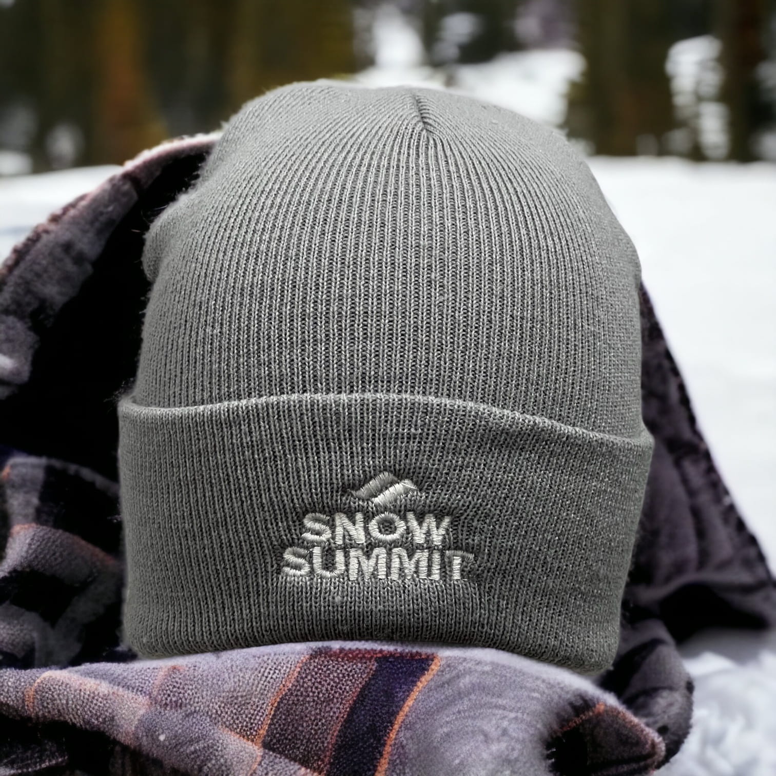 A gray beanie with folded brim and embroidered snow summit logo.