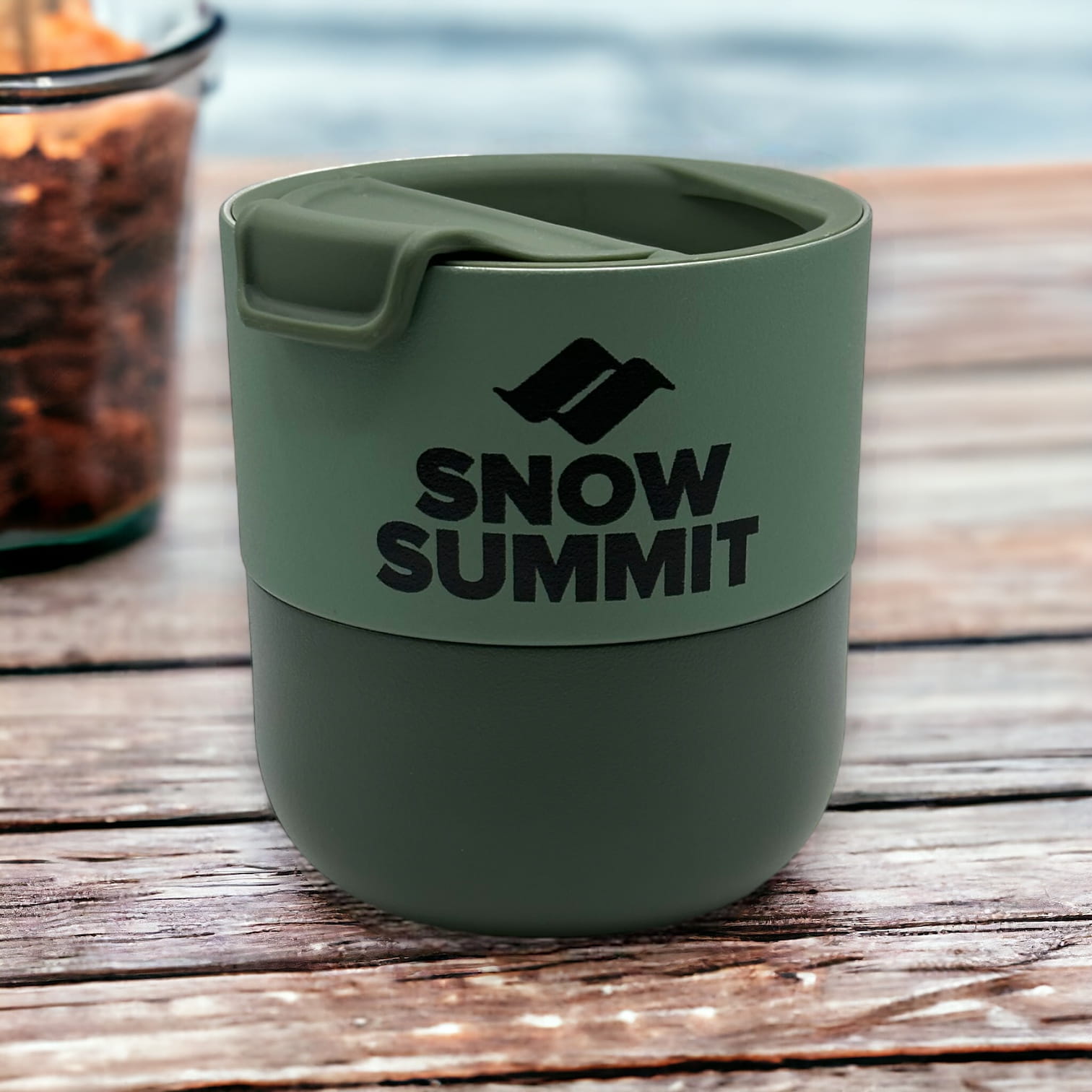 Klean Kanteen green lowball tumbler with a black Snow Summit logo
