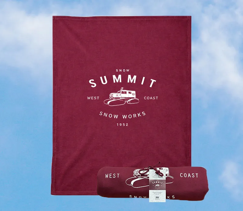 Maroon blanket with Snow Summit West Coast Snow Works 1952 print and snow cat logo in white.