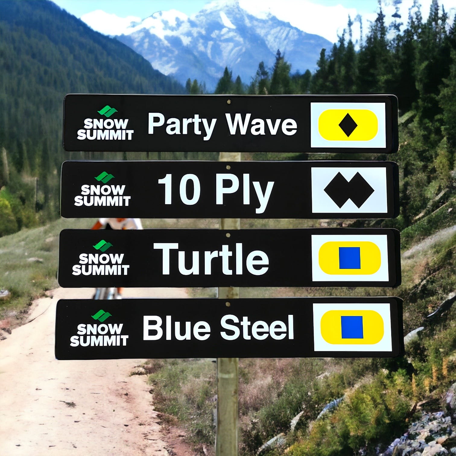 Black trail signs with Snow Summit runs: Party Wave, 10 Ply, Turtle, and Blue Steel