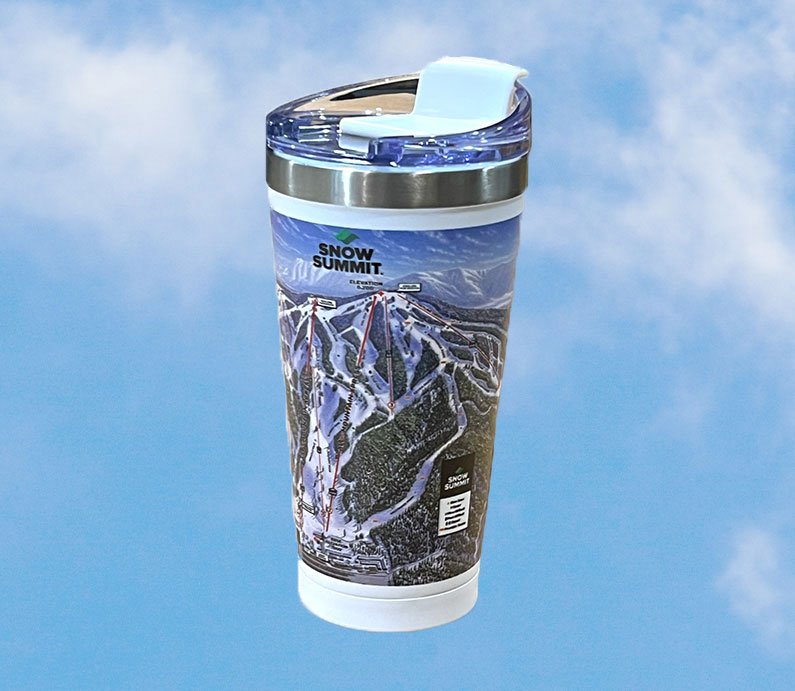 Snow Summit trails map tumbler with white base.