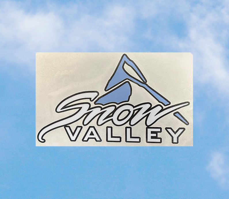Snow Valley logo 4 inch sticker with blue mountain peak.