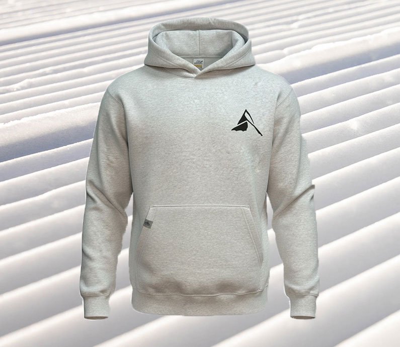 Ash grey hoodie sweatshirt with a black mountain logo design in upper left corner