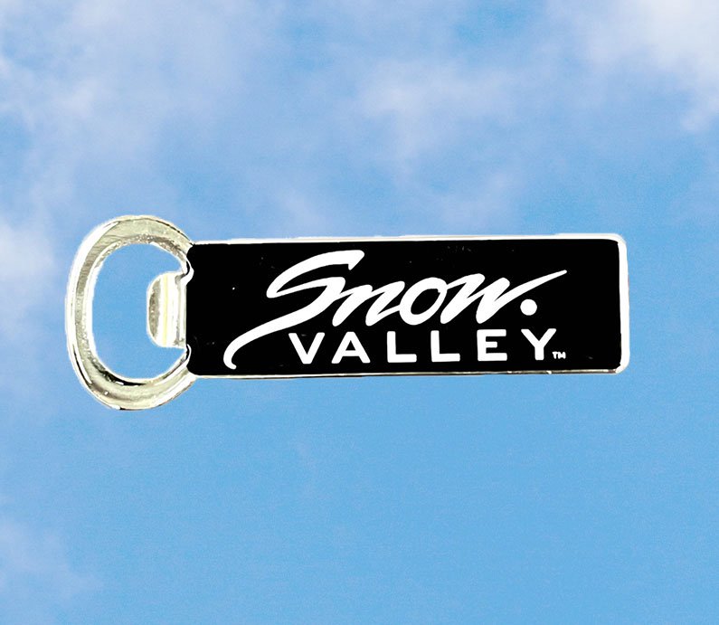 Black Snow Valley metal magnet bottle opener .