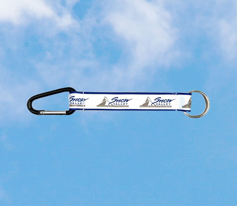 Snow Valley Logo strap keychain with carabiner on one end and keychain on the other.