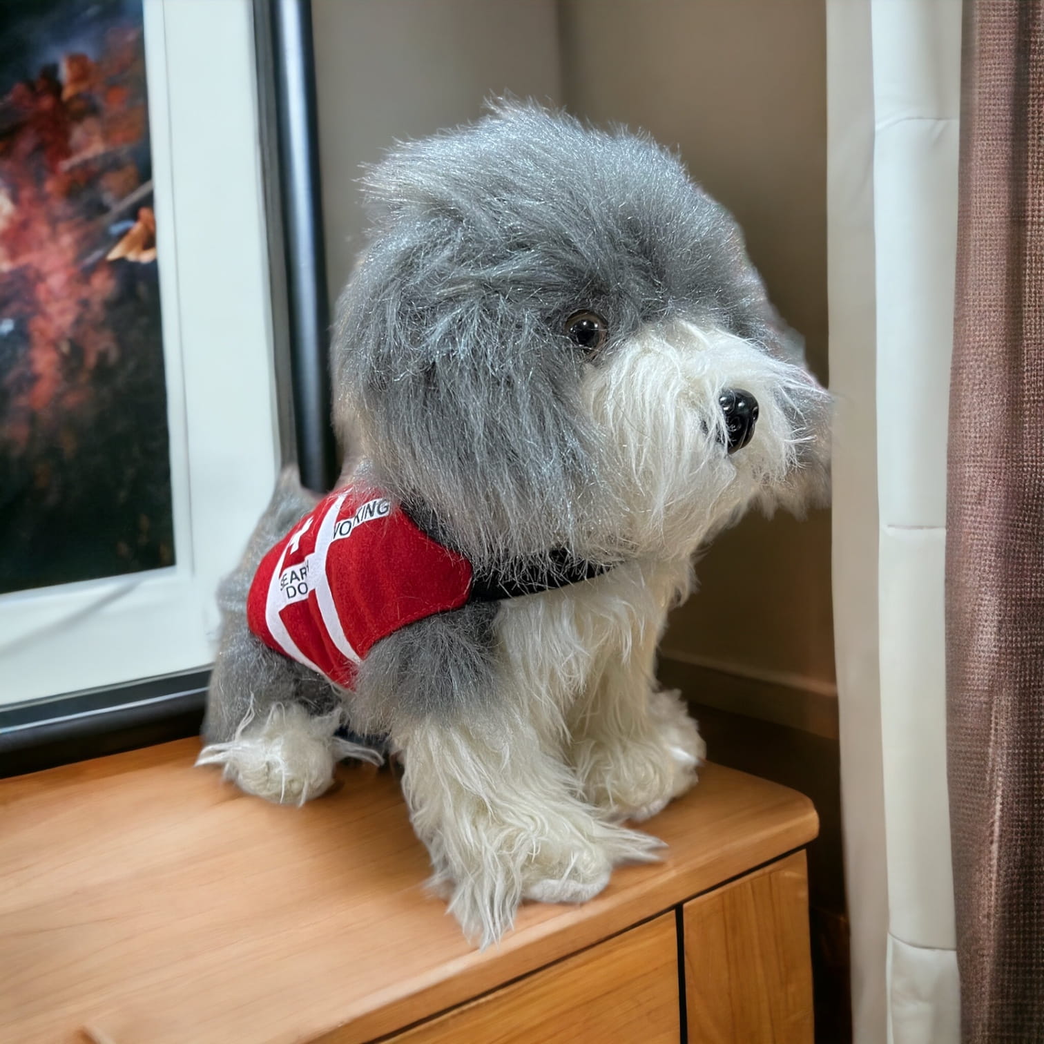 Snow Valley plush grey and white patrol dog toy with red patrol vest