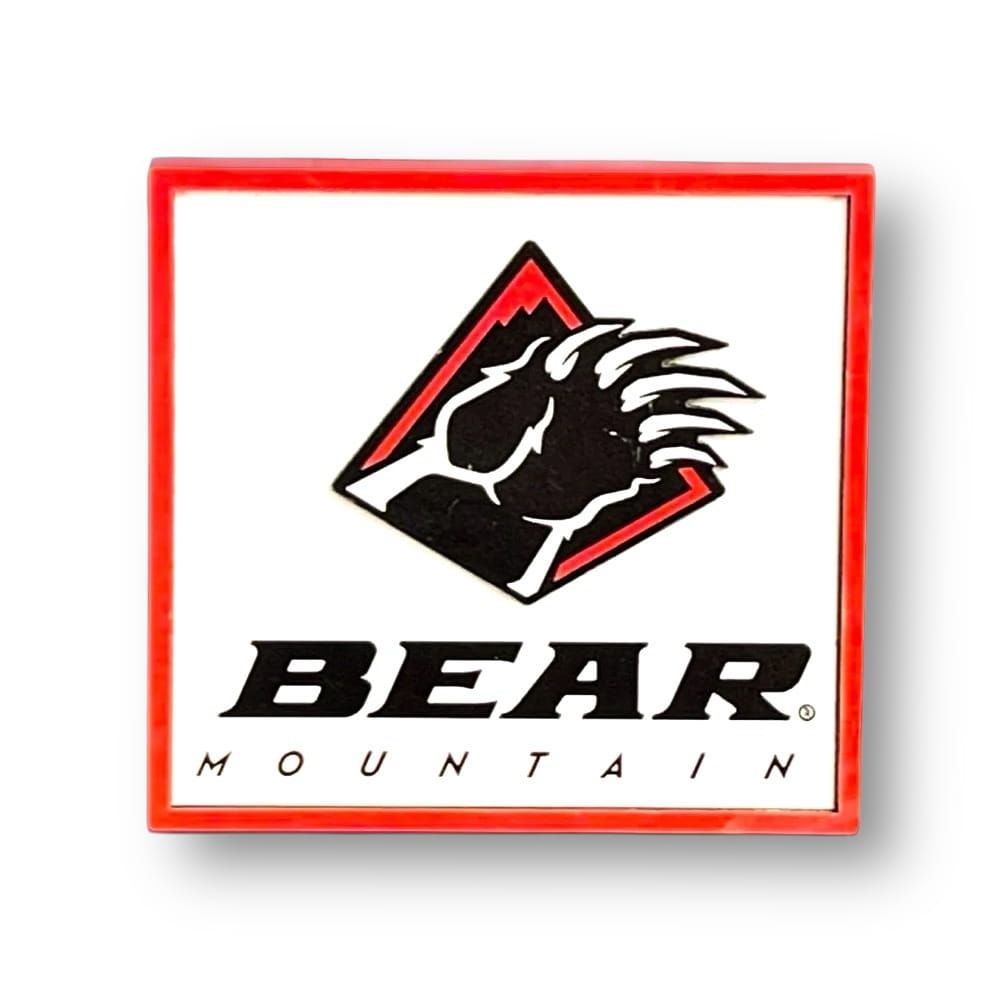 Bear Mountain white magnet with red outline and resort logo with Bear Mountain font and bear claw.