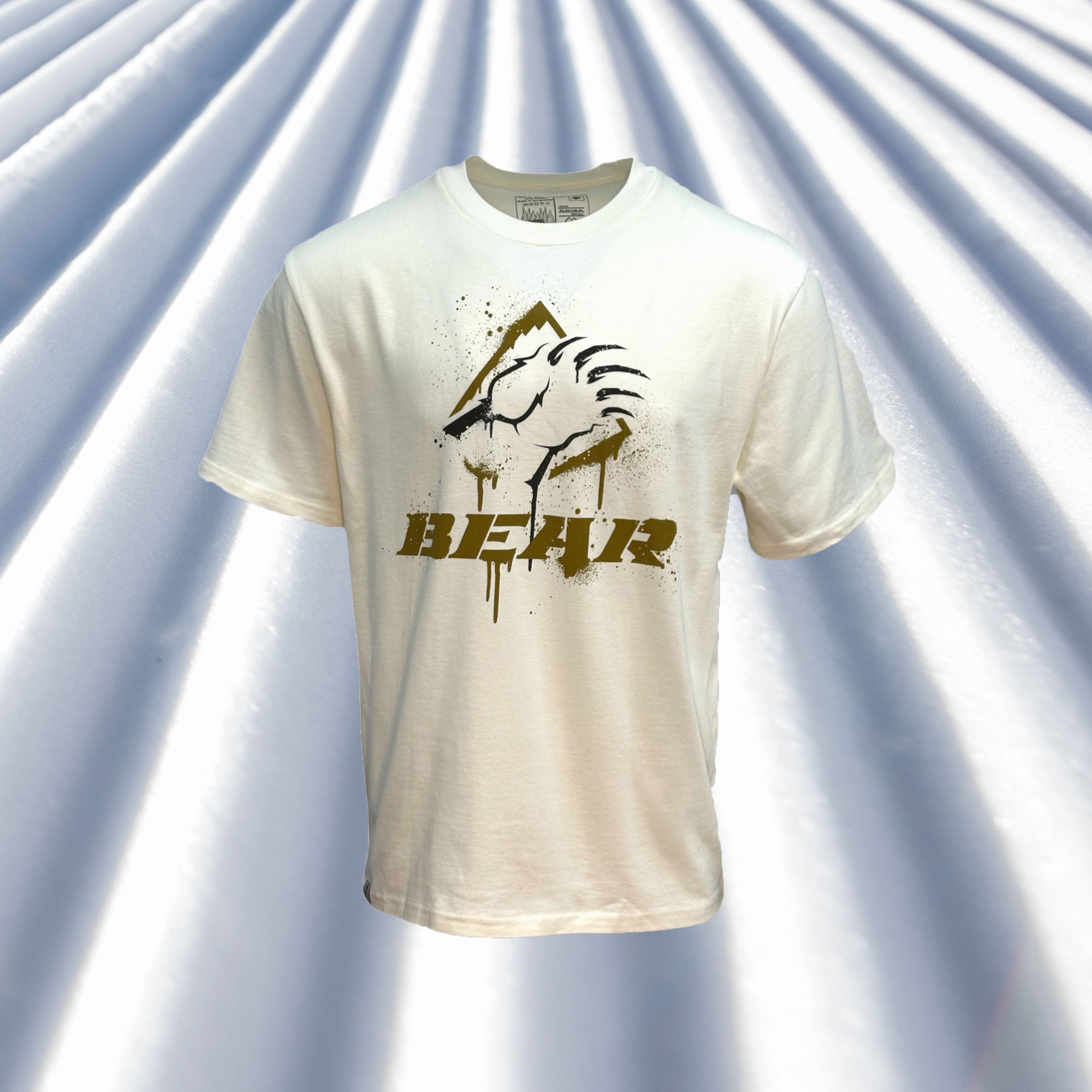 Natural t shirt with bear claw and bear words in black and dark tan color.