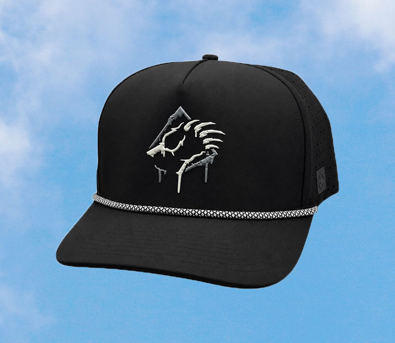 Black snapback hat with a bear claw design and a rope on bill.