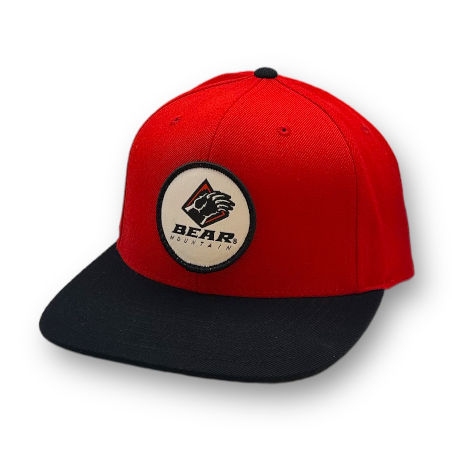 Bear Mountain red flat bill hat with black brim and white circle Bear bear claw logo.