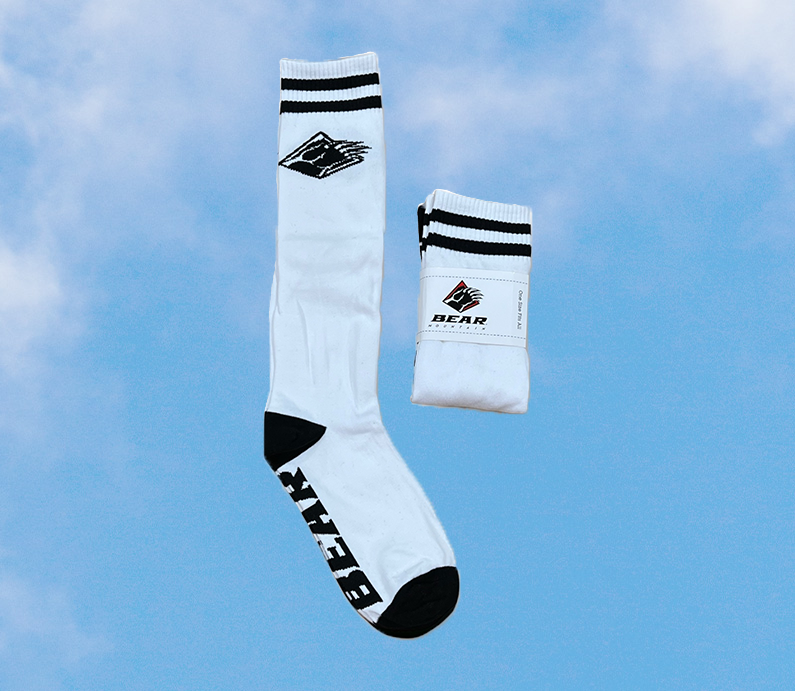 White Bear Mountain socks with bear claw logo.