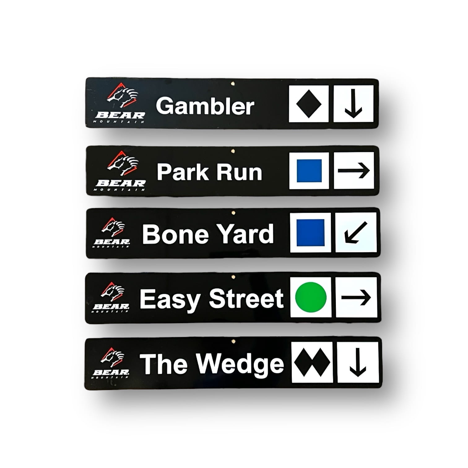 Black trail signs with Bear Mountain runs: Gambler, Park Run, Bone Yard, Easy Street, and The Wedge 