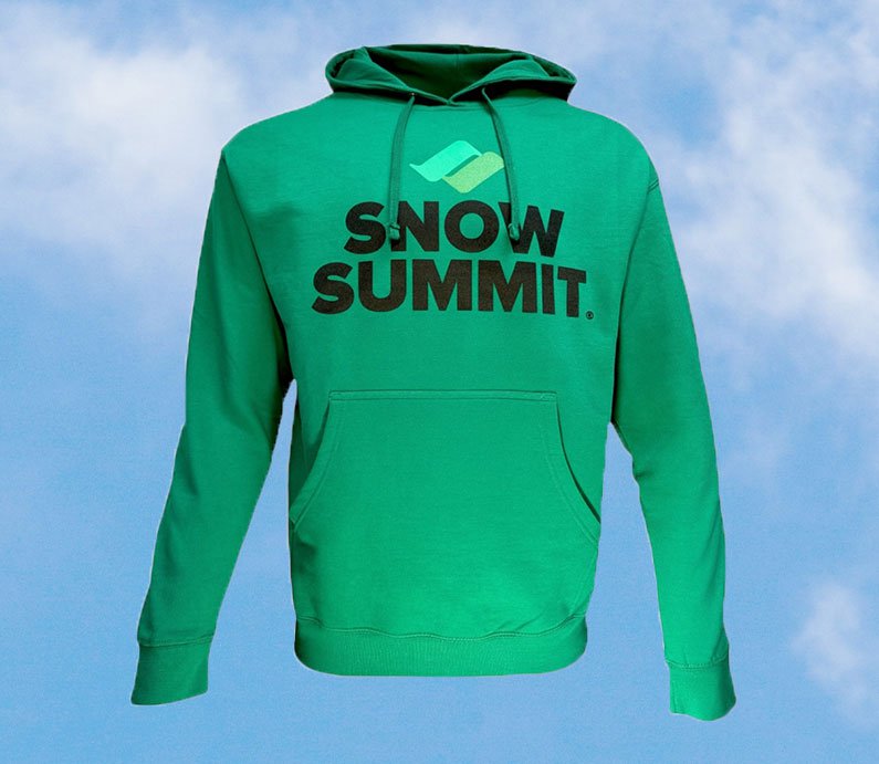 Green Snow Summit hoodie with black snow summit logo on front.