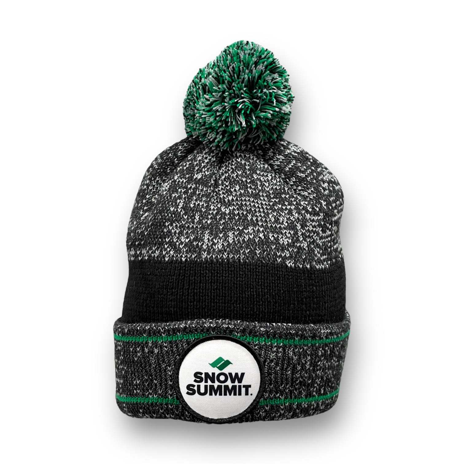 Heather grey and black beanie with green pom, plus a white circle with black Snow Summit font patch on the brim.
