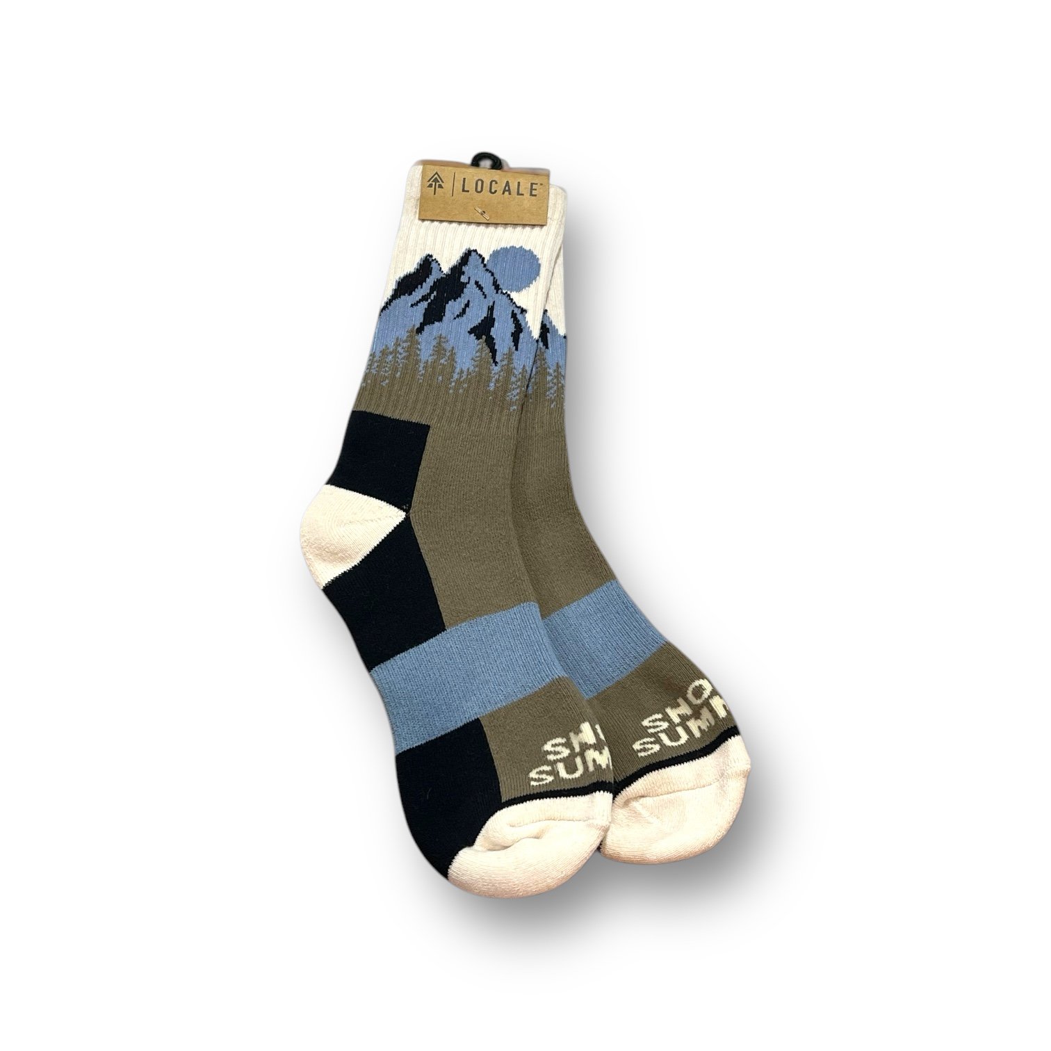 Blue, forest green, black, and white Locale Snow Summit sock with mountain forest design.