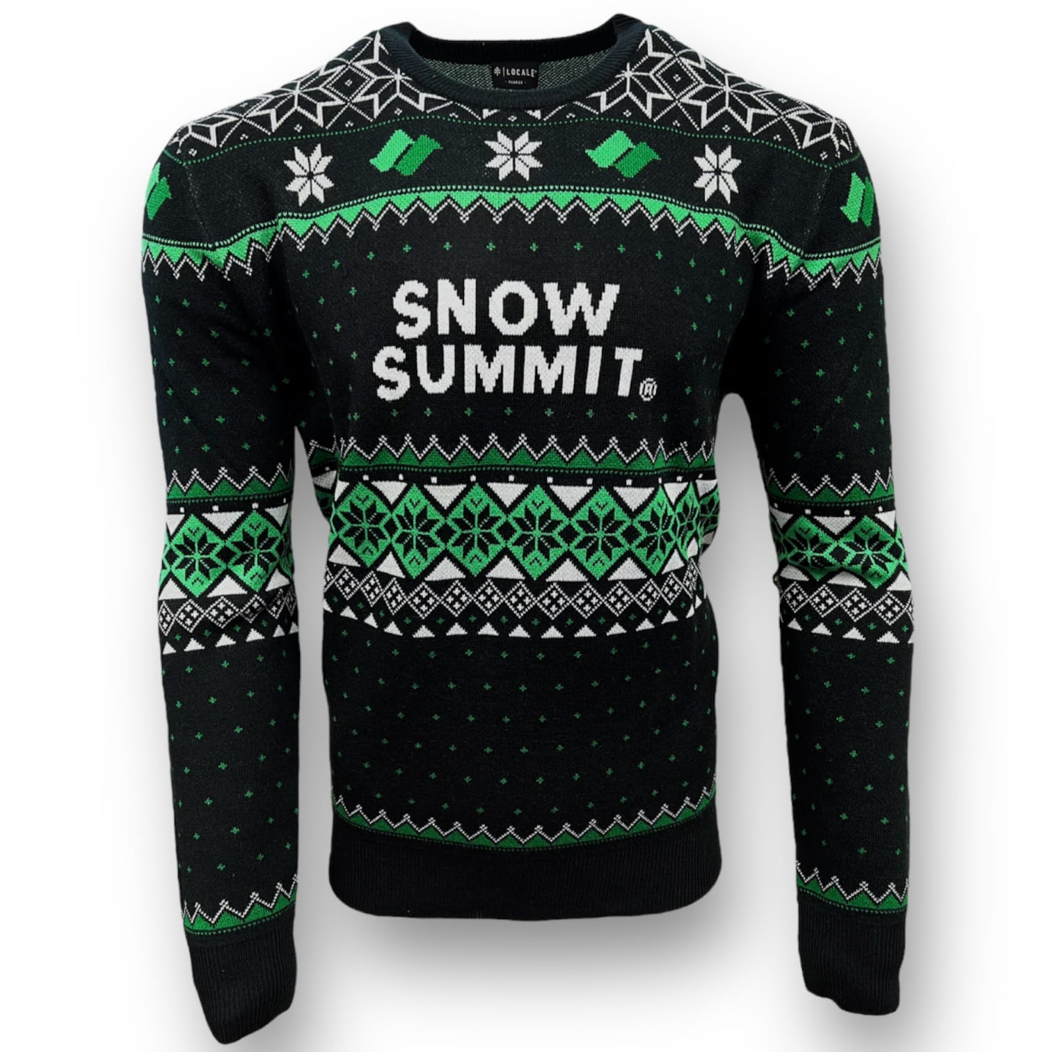Snow Summit black sweater with white and green Snow Summit logo and snowflake design.