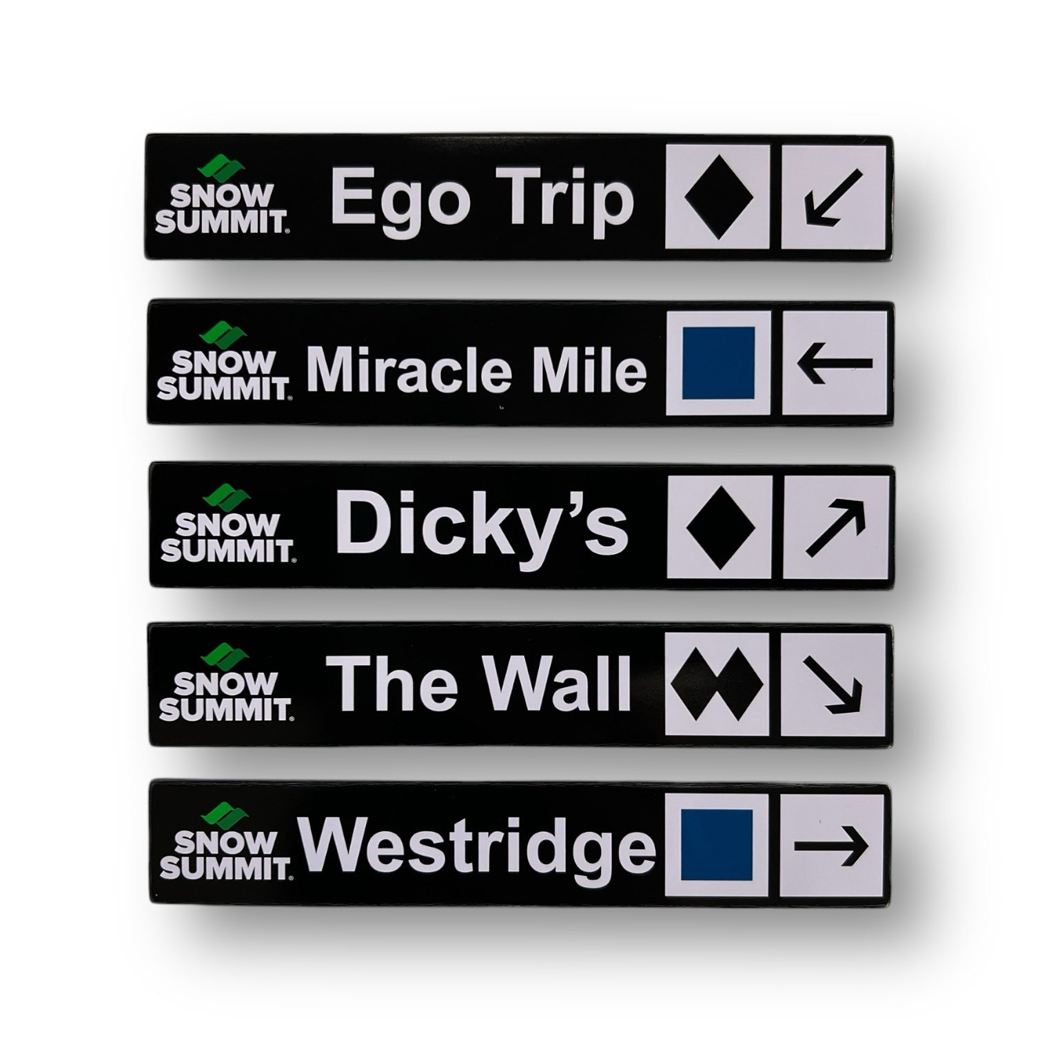 Snow Summit individual trail map magnets for Ego Trip, Miracle Mile, Dicky's, The Wall, and Westridge trails