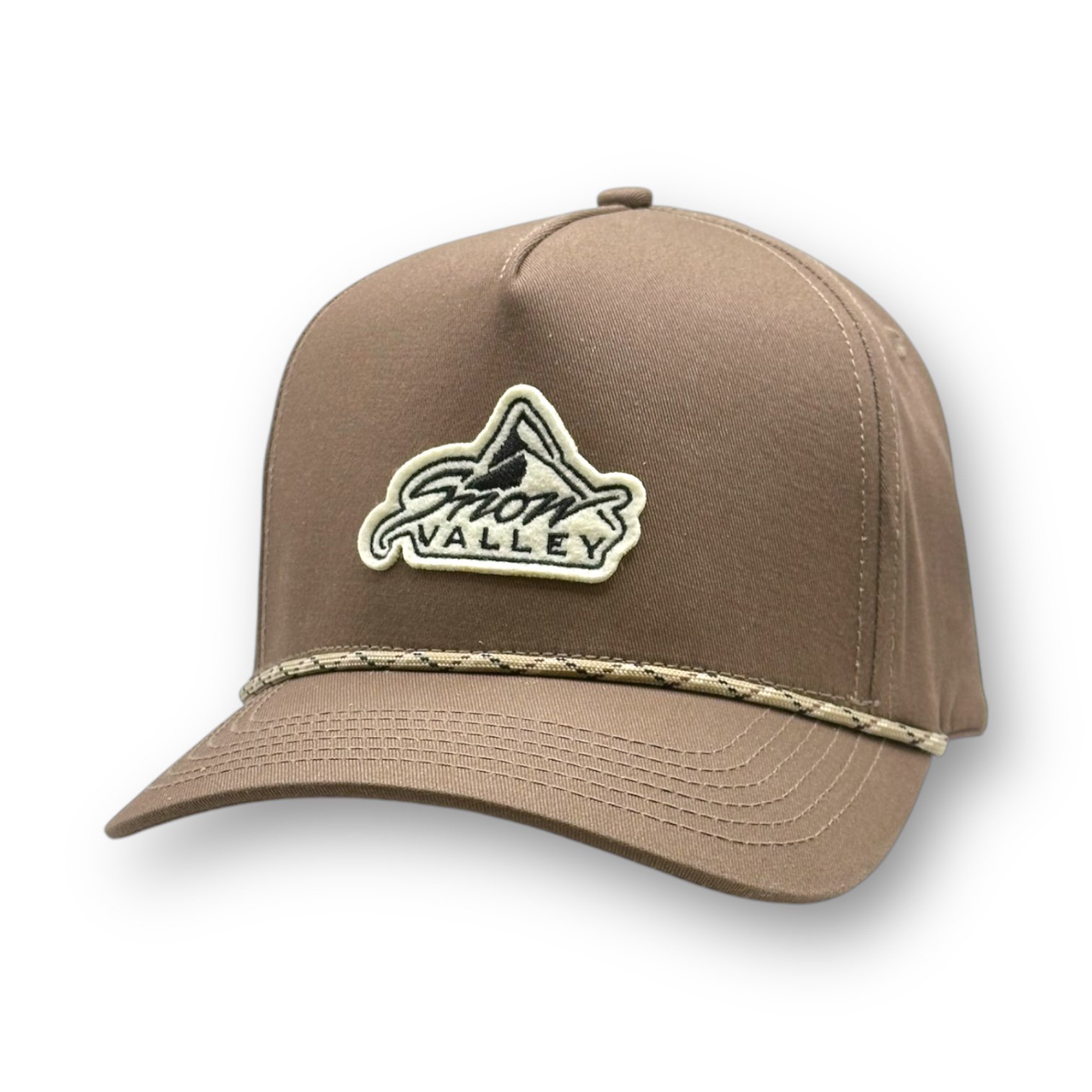 Beige brown color hat with Snow Valley logo iron on fabric patch and rope on the bill.