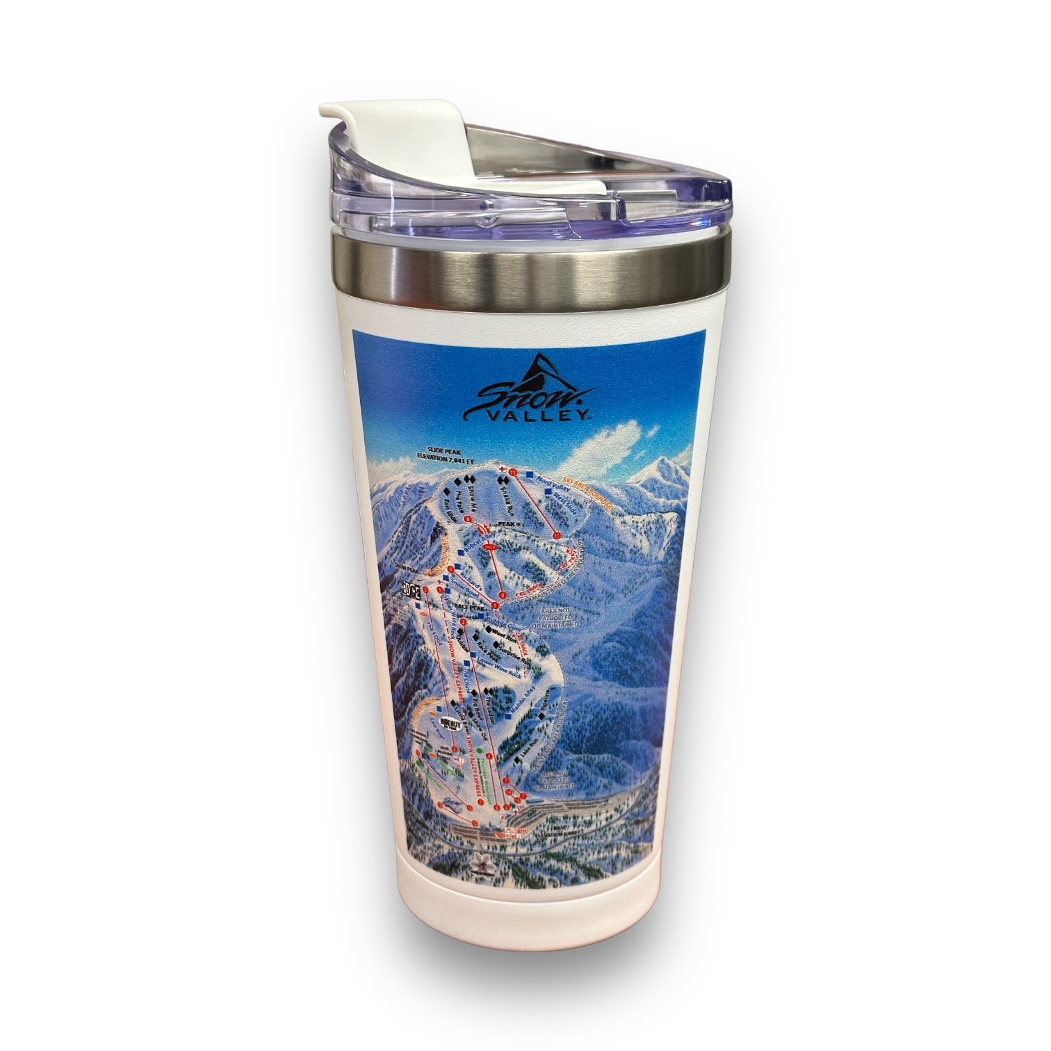 Snow Valley white tumbler with flip top lid and the resorts winter mountain trail map wrapped around the tumbler.