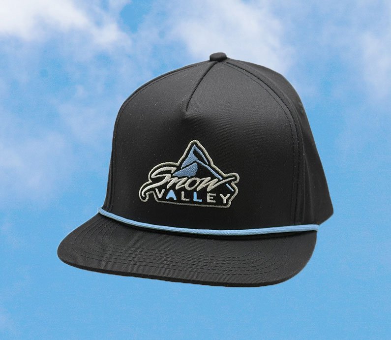 Black color hat with Snow Valley logo with embroidered logo and blue rope on the bill.