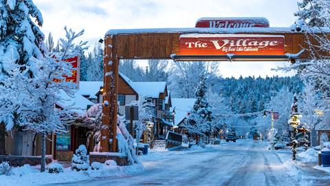 Big Bear Lake Village official signage during the winter time