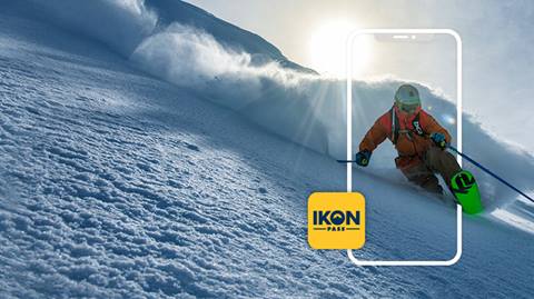 Ikon Pass app promotion with smartphone border around skier