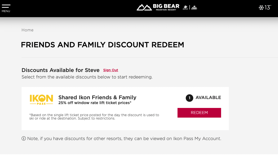 Screenshot of Ikon Pass discount redemption page
