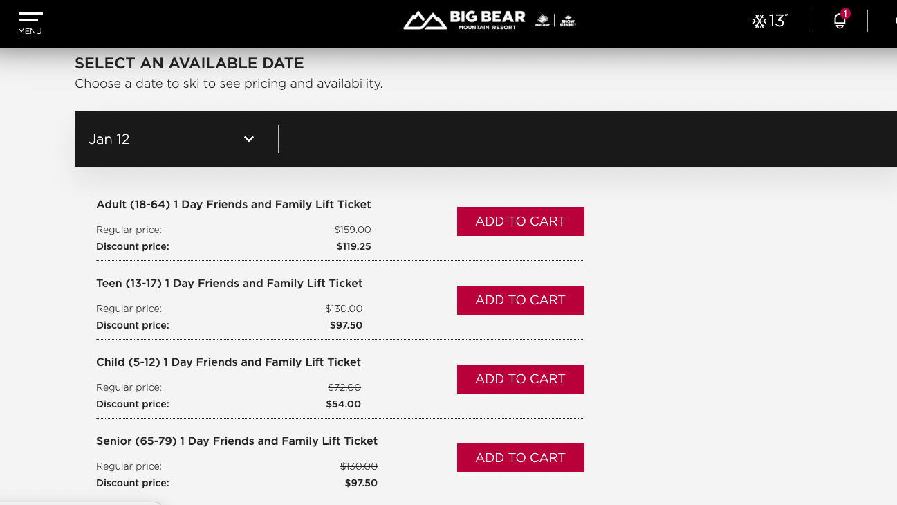Screenshot of discounted tickets available to be added to a cart
