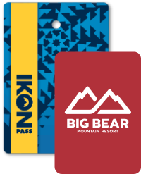 Collage of season passes, Ikon Pass creative in the back, and a Big Bear Mountain Resort pass in front