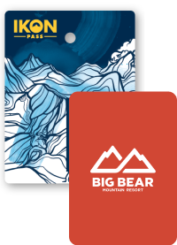 Collage of season passes, Ikon Pass creative in the back, and a Big Bear Mountain Resort pass in front