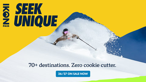 Skier going through fresh snow. Text reads: Seek Unique. 70+ destinations. Zero cookie cutter. CTA: 26/27 On Sale Now