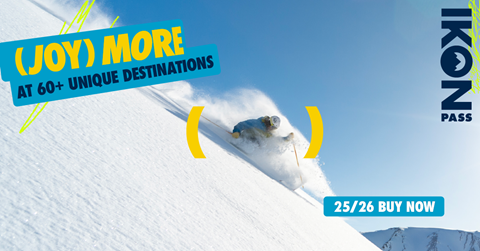 Skier going through fresh snow on a sunny day. Overlay copy reads: (Joy) More at 60+ unique destinations. 25/26 Buy Now. Ikon Pass.