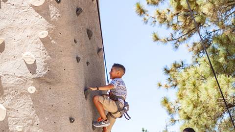 child climbing up rock wall