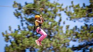 young adult zip lining through the forest at snow summit