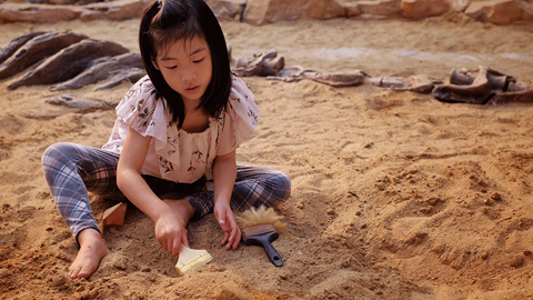 You female child using a white brush to play in the sand to uncover fake fossils