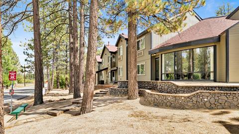A front view of the employee housing building, near the main highway, with a bus stop, bench, and pine trees.